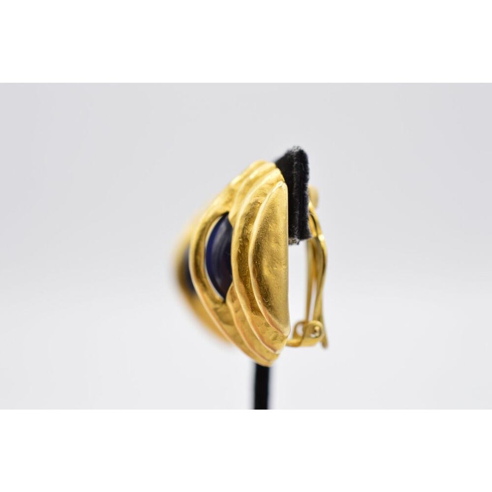 Givenchy Vintage Cabochon Clip On Earrings Brushed Gold Blue Chunky Signed BinX - Picture 9 of 12